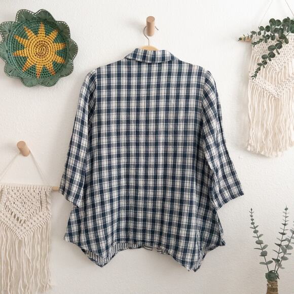 Yushi Blue and Cream Plaid and Stripe Button Down Top - Picture 2 of 5